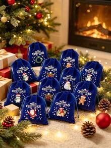 6pcs Christmas Gift Bags, Christmas Velvet Drawstring Gift Bags - Blue Drawstring Closure, Holiday Santa Claus, Snowman And Christmas Tree Pattern - Luxury Party Gift Packaging, Suitable For Party Gifts And Holiday Decorations, Packaging Christmas Party Favors - Multicolor - View 7