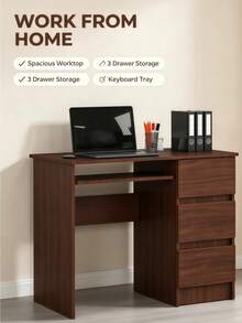 Sturdy Wooden Computer Desk With 3 Storage Drawers, Freestanding Home Office Writing Workstation With Pull-Out Keyboard Tray, Practical Study Desk For Bedroom, Study Room And Workplace, Free Table Foot Pads Included - Dark Walnut - View 2