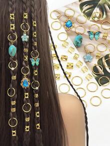 56pcs Fresh Ocean Breeze Hair Rings With Blue Butterfly, Camellia, Rhinestone & Bead Hair Jewelry For Women's Braid - Gold - View 1