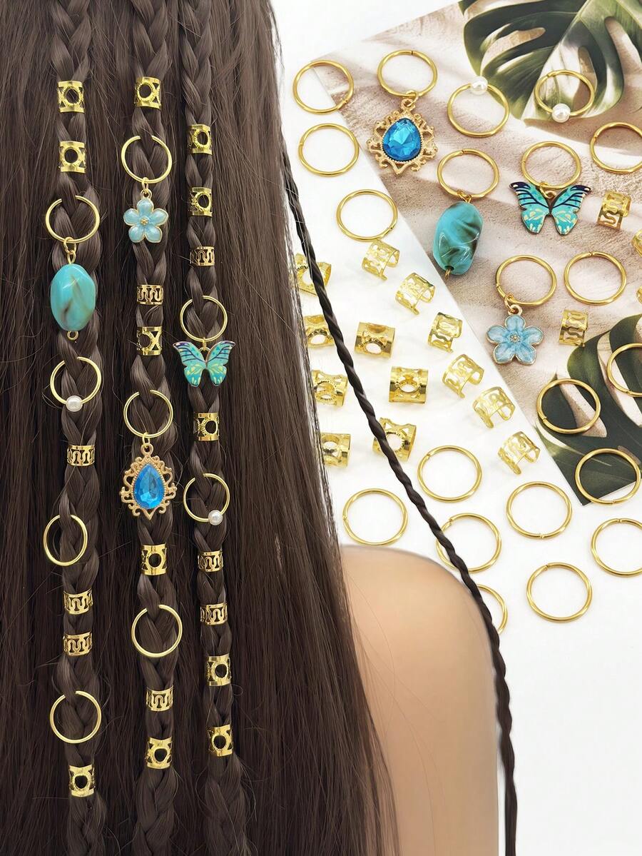 56pcs Fresh Ocean Breeze Hair Rings With Blue Butterfly, Camellia, Rhinestone & Bead Hair Jewelry For Women's Braid - Gold - View 1