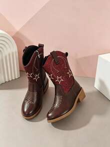 1 Pair Girls' Shiny Star Glitter Pointed Toe Western Boots With Chunky Heel, Sweet Style, Suitable For Autumn/Winter Outdoor Daily Wear - Burgundy - View 1