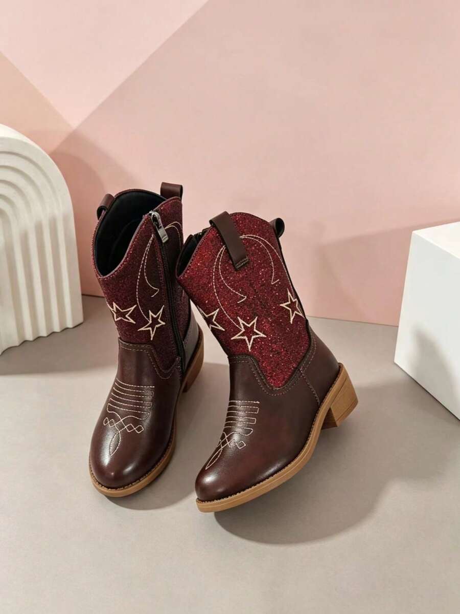 1 Pair Girls' Shiny Star Glitter Pointed Toe Western Boots With Chunky Heel, Sweet Style, Suitable For Autumn/Winter Outdoor Daily Wear - Burgundy - View 1