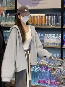 YCYC Grey Hooded Sweatshirt Women Loose Casual Jacket Slouchy Versatile Solid Color Top - Light Grey - View 5