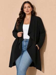 Plus Size Women's Waterfall Collar Asymmetrical Hem Long Sleeve Knit Cardigan, Elegant Casual Open Front Jacket, Black - Black - View 3