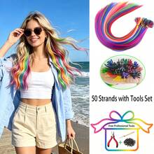 Halloween 50 Strands 20 Inch I-Tip Hair Extensions With Professional Tools Kit, Colorful Heat Resistant Highlight Micro Synthetic Feather Hair Extension, DIY Rainbow Hair Pieces For Music Festival Halloween, Party,St Patricks Day Hair Accessories - Multicolor - View 2