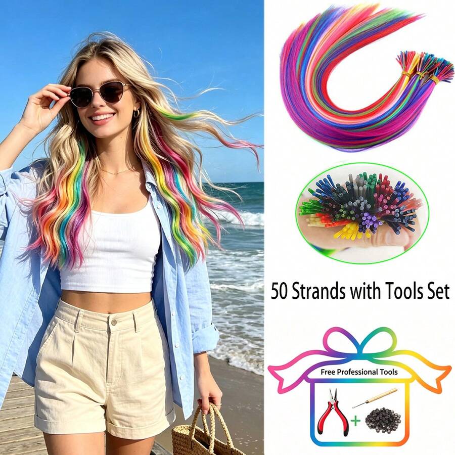 Halloween 50 Strands 20 Inch I-Tip Hair Extensions With Professional Tools Kit, Colorful Heat Resistant Highlight Micro Synthetic Feather Hair Extension, DIY Rainbow Hair Pieces For Music Festival Halloween, Party,St Patricks Day Hair Accessories