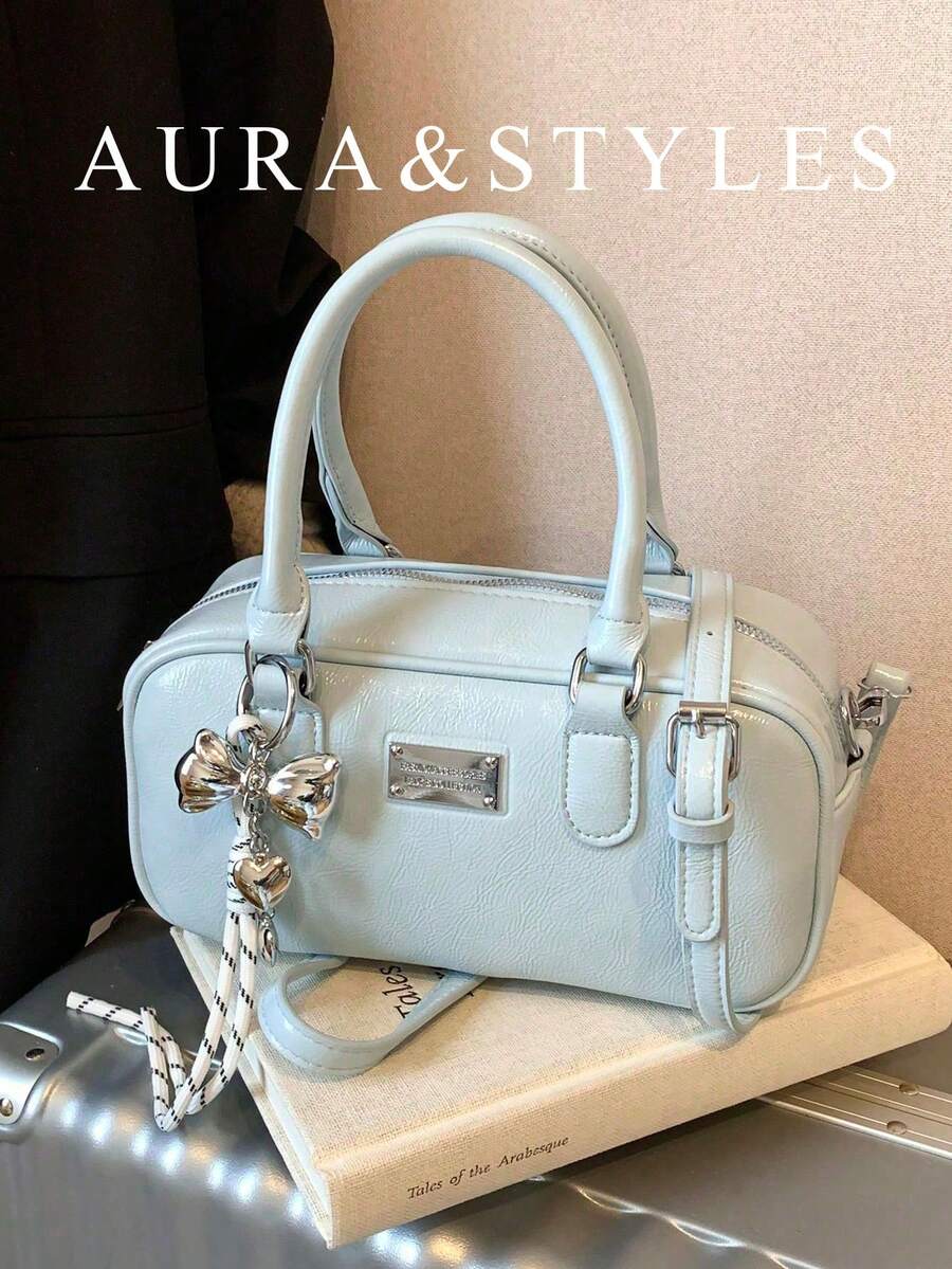 Women's Boston Tote Bag With Doll Charm, Textured Crossbody Handbag, Large Capacity Mama Bag, New Autumn/Winter Style, All-Season Commuter Tote - Baby Blue - View 1