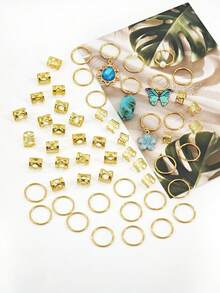 56pcs Fresh Ocean Breeze Hair Rings With Blue Butterfly, Camellia, Rhinestone & Bead Hair Jewelry For Women's Braid - Gold - View 3