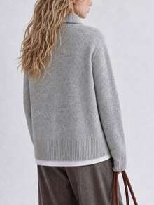 Women's Winter Grey Knit Pullover Sweater, Button Detail, Long Sleeve, Cropped - Grey - View 2