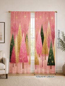 2 piezas de cortinas decorativas con tema navideño, patrón de árbol de Navidad rosa, adecuadas para decoración del hogar, decoración de ventanas, decoración de ambiente navideño para el hogar - Multicolor - Ver 10
