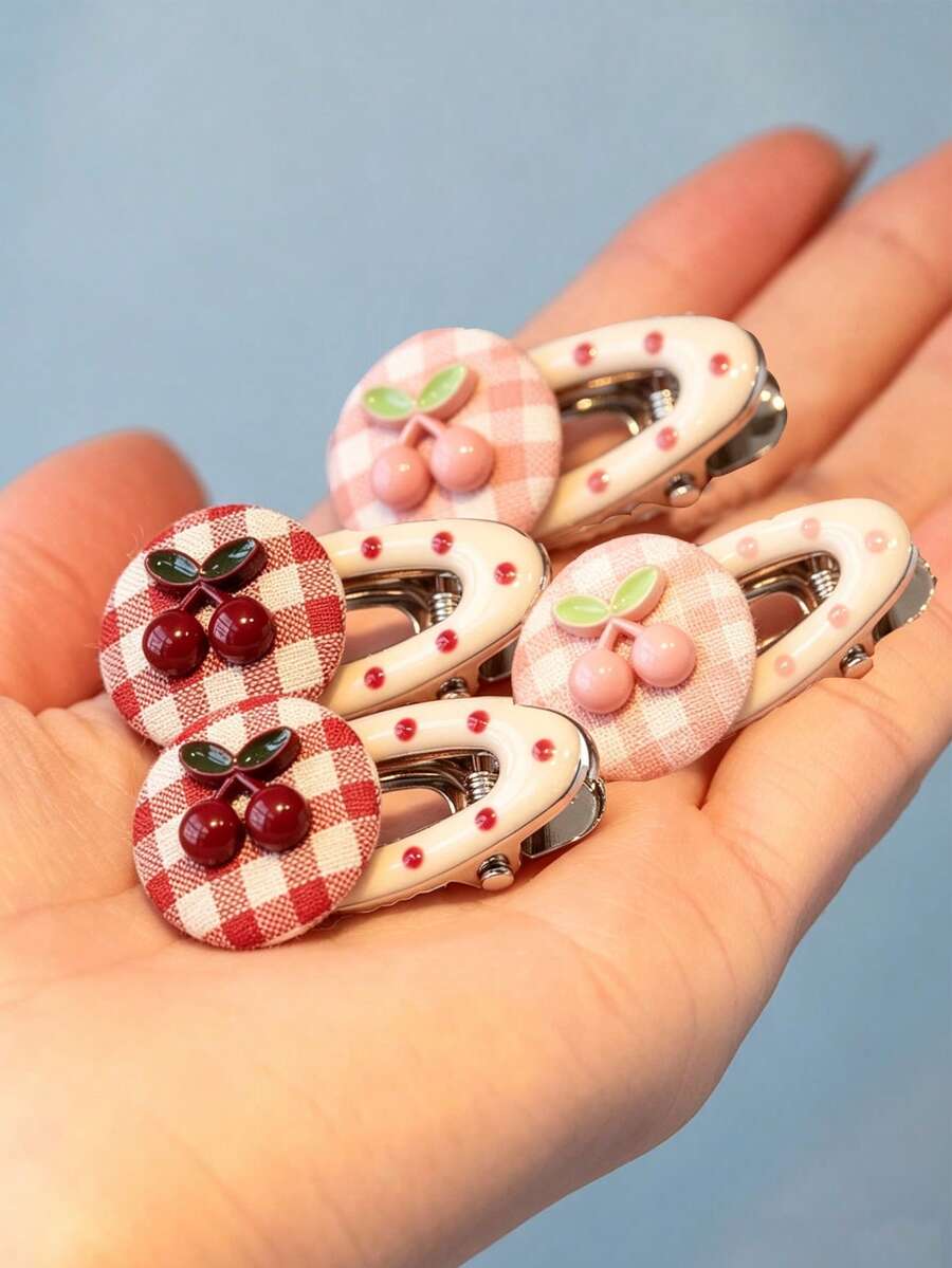 4pcs Cute Cherry Plaid Duckbill Hair Clips, Sweet Fabric Round Decor Hair Clips, Girls Daily Hair Accessories, Dual Color Set For Back To School, Christmas, Graduation Season, Everyday - Multicolor - View 1