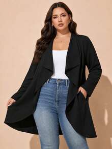 Plus Size Women's Waterfall Collar Asymmetrical Hem Long Sleeve Knit Cardigan, Elegant Casual Open Front Jacket, Black - Black - View 5