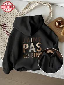 Autumn/Winter Women's Hooded Long Sleeve Black Sweatshirt, Plaid Letter Print, Casual Commuter Sporty Women's Top, Y2K Street Style Hooded Pullover - Black - View 10
