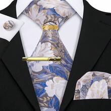 5Pcs Men Haze Blue Floral Jacquard Tie Pocket Square Cufflinks Ring Tie Clip Set, Random Cufflink Pattern, Accessories For Wedding - Dusty Blue - View 2