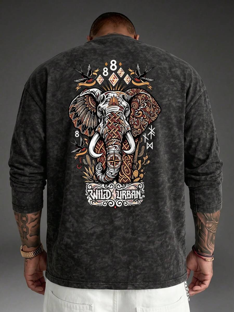 Men's Exotic Elephant Totem Drop Shoulder Loose Round Neck Long Sleeve T-Shirt - Black - View 1