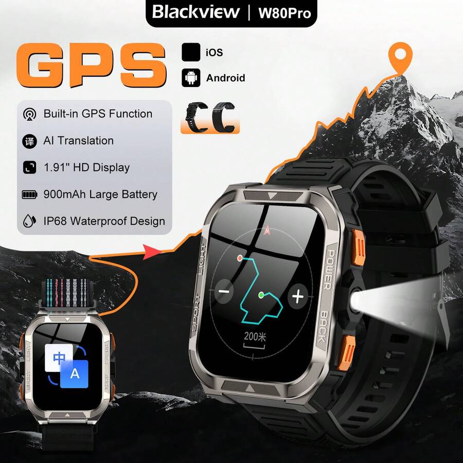 Blackview 男士智慧手錶，1.91 吋 TFT HD 螢幕，GPS、內建指南針、手電筒，藍牙通話功能，數百種運動模式，支援心率、血壓、血氧與睡眠監測，IP68 防水，禮品