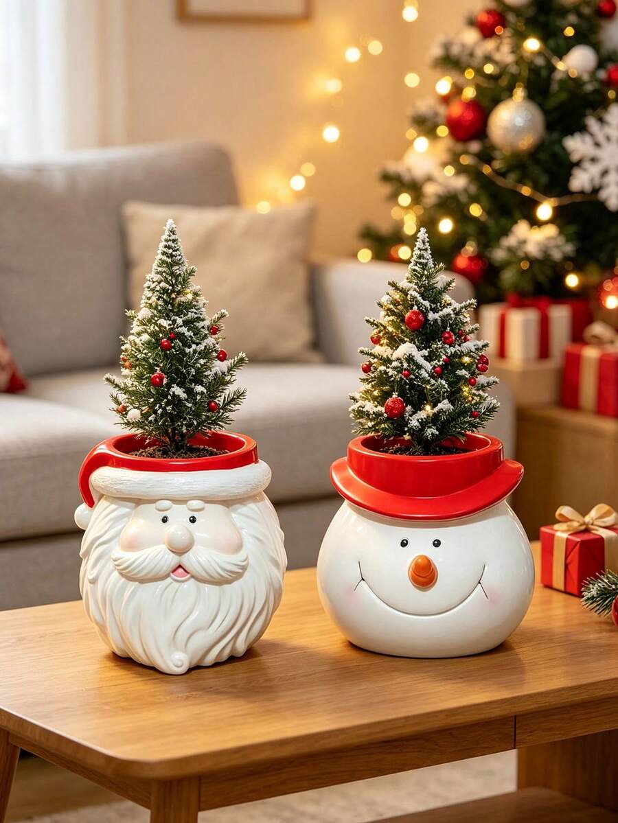 1pc Christmas Themed Flower Pot, Vase, Garden Decor, Potted Plant Storage Container, Santa Claus Storage Box, Red Hat Snowman Storage Bucket, Cute Healing Home Decor, Suitable For Gardening/Desktop/Desk/Entryway/Windowsill/Tea Table, Essential Christmas Decoration, Essential Christmas Gift.