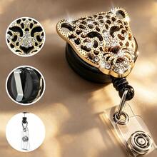 1PC/2pcs/4pcs Rhinestone Leopard Head Retractable Badge Reel Keychain, Adjustable Length, Hard Shell ID Holder Clip For Bus Card, ID Card, Work Badge, Student ID, Exhibition Pass, Event Party ID Card Holder - Leopard Head - View 1