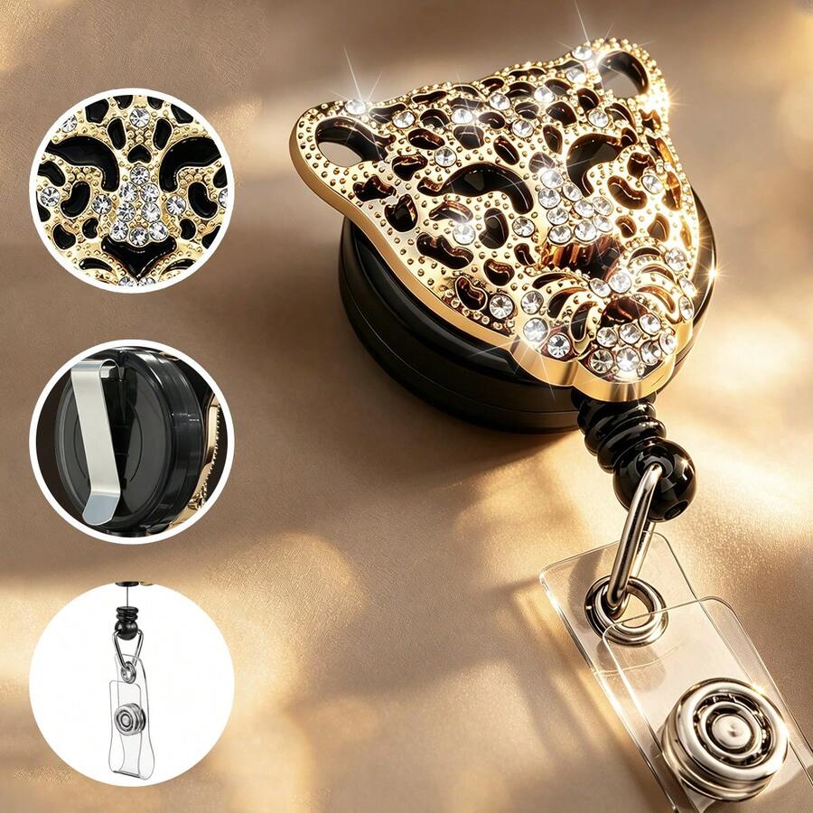 1PC/2pcs/4pcs Rhinestone Leopard Head Retractable Badge Reel Keychain, Adjustable Length, Hard Shell ID Holder Clip For Bus Card, ID Card, Work Badge, Student ID, Exhibition Pass, Event Party ID Card Holder - Leopard Head - View 1