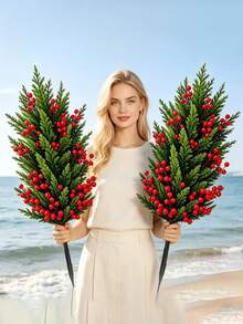 24.40 Inch Large Pine Tree With Ground Stake And Red Berries, Artificial DIY Tree, Low Maintenance Greenery, Suitable For Home, Office, Yard Landscape Holiday Decoration, Create Festive Atmosphere, Pot Not Included - A - View 1