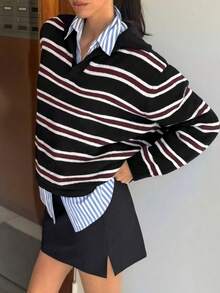 Striped Polo Collar Sweater, Loose Fit Contrast Color Knit Top, Versatile For Work And Leisure - Multicolor - View 2
