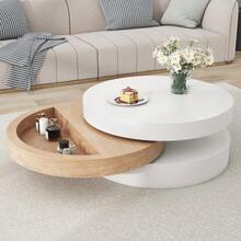 N625P300077W Cylindrical Coffee Table, 360° Rotating Top Surface, Rotating Living Room Table, Three-Tier Sofa Table, 3 Storage Surfaces, Recommended Total Load Capacity 30 Kg, Willow Wood With Storage Space - White + Natural - View 6