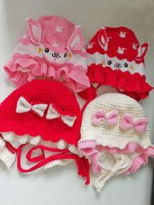 0-2 Years Old Baby Cute Knitted Hat, Bow Rabbit Ears Ruffle Edge Sun Hat, Warm Soft Crochet Tie Hat, Sweet Princess Style Infant Headwear - Multicolor - View 4
