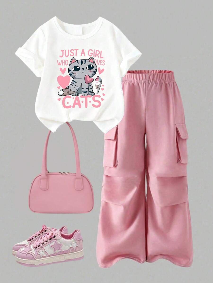 Young Girl Cartoon Print Round Neck Short Sleeve Top And Cargo Pants Set - White - View 1