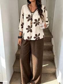 Plus Size 2-Piece Set, Floral Print V-Neck Button-Up Shirt With Bishop Sleeves And Wide Leg Pants - Multicolor - View 4