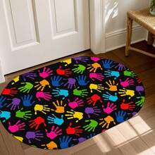 1pc Oval Flannel Doormat, Colorful Handprint Pattern, Soft, Absorbent, Non-Slip, Machine Washable With Backing, Suitable For Doorway, Living Room, Bedroom, Kitchen, Bathroom, Laundry Room, Patio, Holiday Decoration, Multi-Functional Floor Mat - Multicolor - View 5