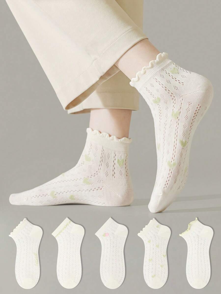 ZUJO 5 Pairs Women's White And Green Bubble Cuff Short Socks, Heart Pattern And Plain, Minimalist Comfortable, Suitable For All Seasons, French Country Style, Random Color Shipping - White - View 1