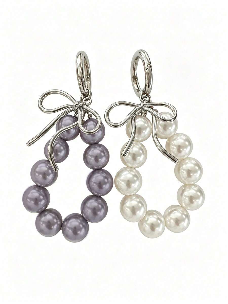 1 قطعة حبل هاتف فضي على شكل فيونكة بأسلوب كوري عصري مع لؤلؤ طازج، سلسلة مفاتيح، تعليقة هاتف مضادة للسقوط، تعليقة حقيبة - متعدد الألوان - مشاهدة 1