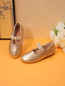 1 Pair Gold Girls' Pearl Strap Mary Jane Flat Shoes, Round Toe Formal Shoes, Children Flower Girl Princess Shoes, Suitable For Wedding Party Performance - Gold - View 4