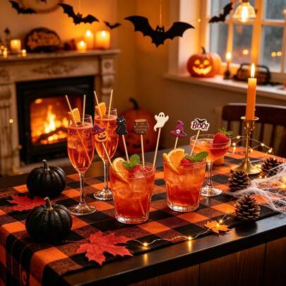100 buah Tusuk Buah Bambu, Tusuk Sate Gaya Koktail Halloween, Hiasan Kue Cupcake, , Topi Penyihir, Kelelawar, Laba-laba, Hiasan Kue, Dekorasi Buah untuk Pesta dan Makanan Penutup, Perlengkapan Dekorasi Meja Liburan