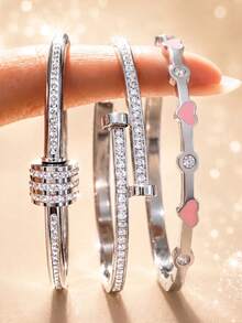 3Pcs Women Silver Stackable Bangle Set, Stainless‑Steel Multi‑Style With Rhinestone & Bamboo Design, Hypoallergenic Jewelry For Daily & Party Gift. - Silver - View 12