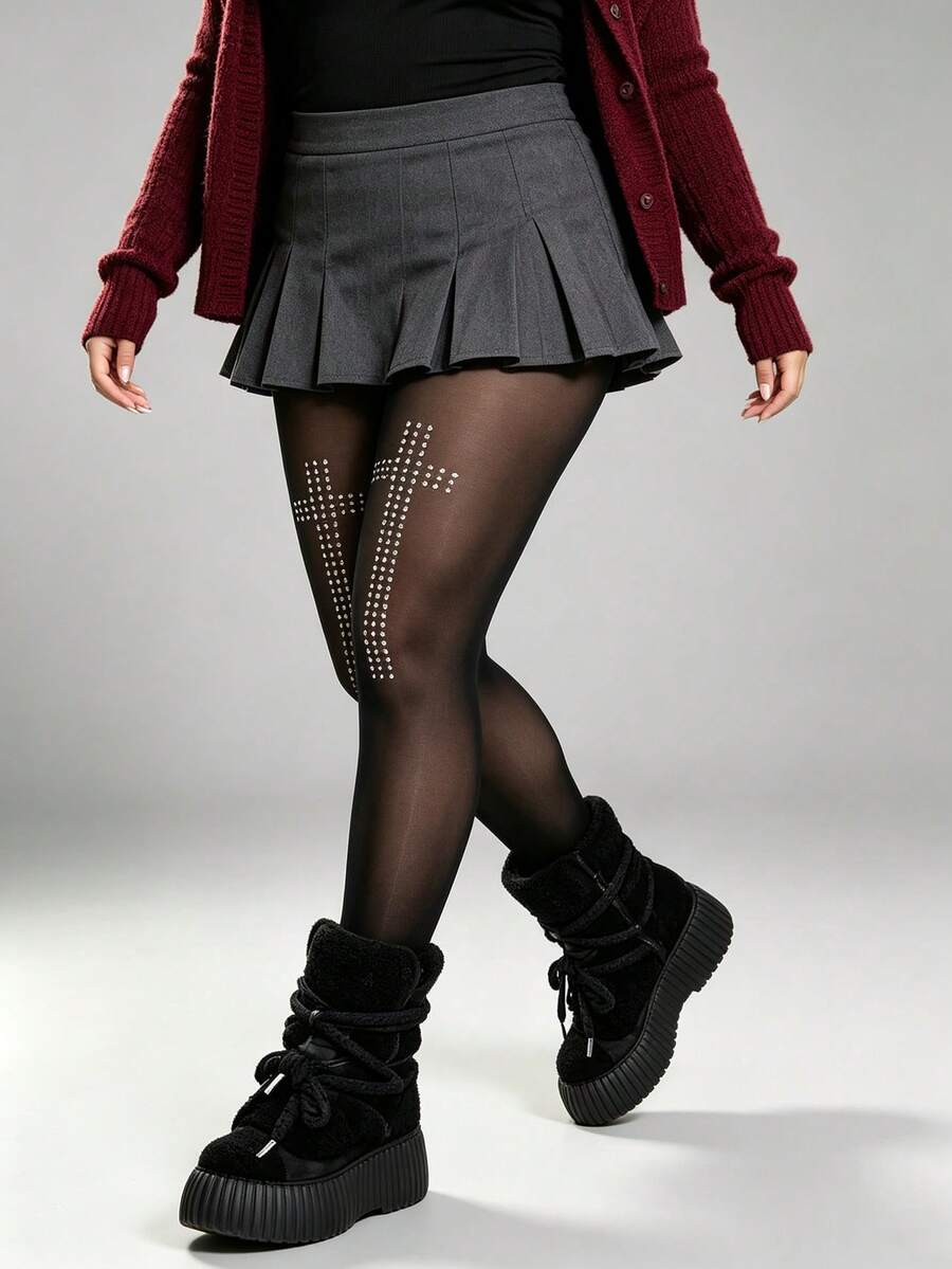 1 Pair Plus Size Women Gothic Y2K Rivet Rhinestone Cross Ultra Sheer Pantyhose, American Vintage Y2K Subculture, High Waist High Elastic Semi-Sheer Tights, Dark Punk Style, Nightclub Streetwear Base Layer Slim Fit Black Leggings, Women's, Rock Punk Style - Black-cross - View 1