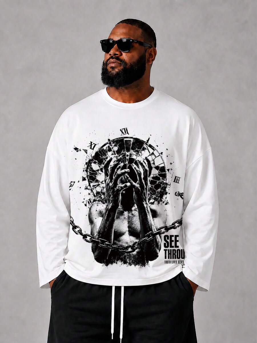 Plus Size Men's T-Shirt Vintage Chain Clock Palm Print Casual Top Streetwear Fashion - Multicolor - View 1