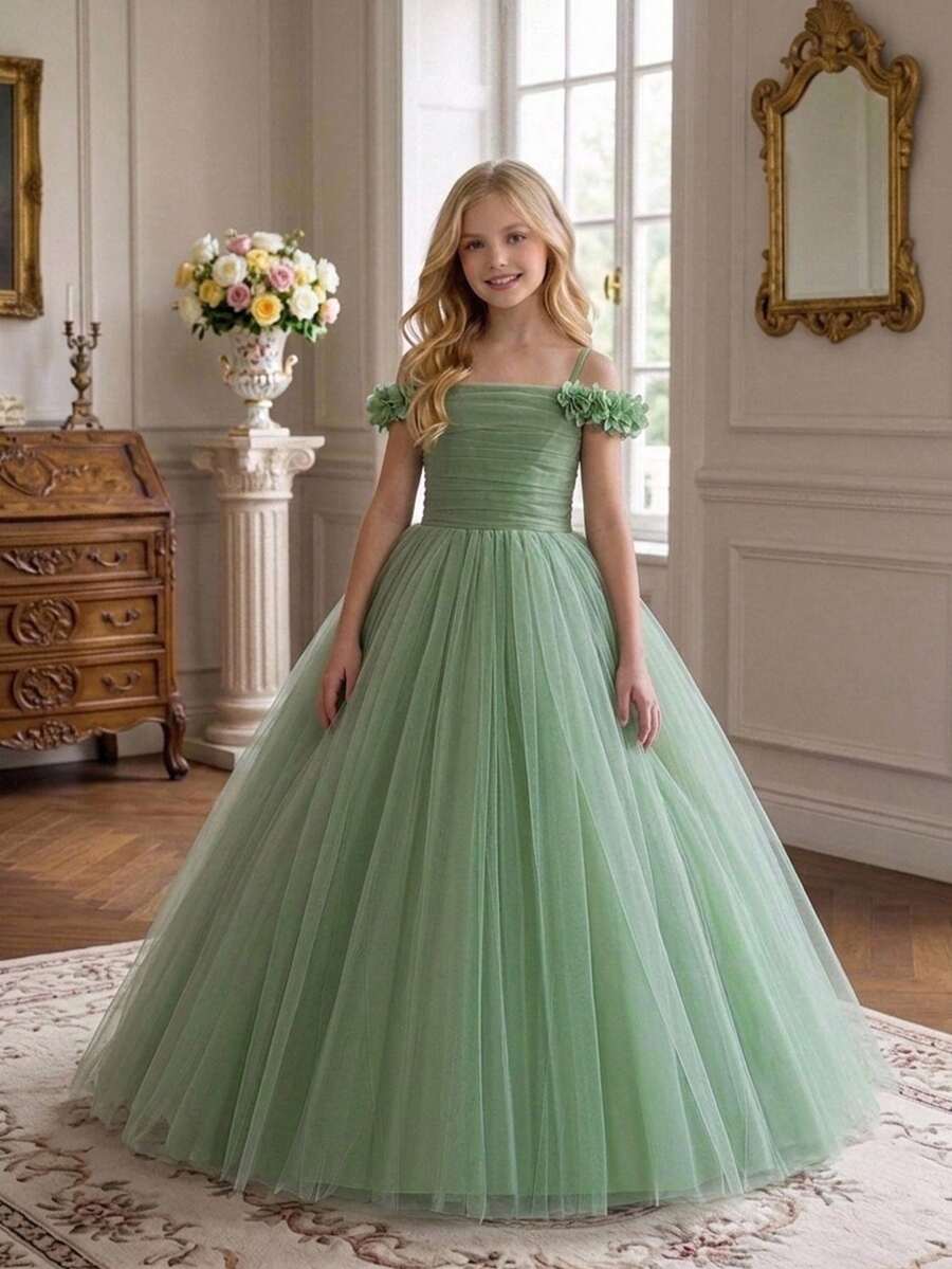 Tween Girls Spaghetti Strap Tulle Princess Puff Elegant Long Dress, Suitable For Wedding Flower Girl, Headband Not Included