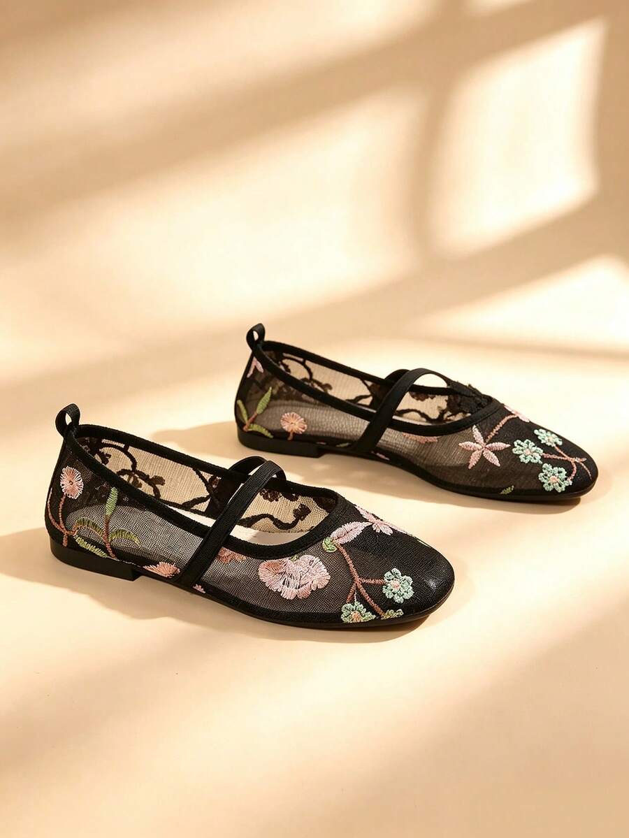 Women's Lace Mesh Embroidered Mary Jane Flat Shoes, Elastic Strap Square Toe Soft Sole Casual Shoes - Black - View 1