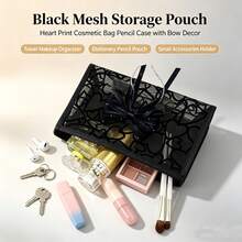 Black Mesh Multi-Purpose Storage Bag, Heart Pattern Makeup Bag With Elegant Bow Decoration, Lightweight Portable Zipper Storage Bag, Suitable For Travel, Toiletries, Small Accessories, Stationery, Makeup Brushes, Daily Practical Handheld Storage Bag Gift - Multicolor - View 7