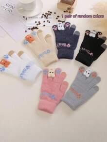Cute Cartoon Touchscreen Knitted Gloves For Women, Letter Ribbed Woolen Gloves, Autumn/Winter Daily Commute Student Outdoor Phone Use Warm Protection Split Finger Gloves - Multicolor - View 19