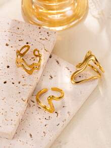 3pcs Minimalist Fashion Stainless Steel Gold Ring Set, Curved Hollow Open Design, Suitable For Women's Daily, Date, Engagement, Wedding, Halloween, Saudi National Day - Gold - View 4