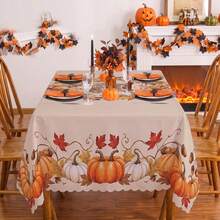1pc Thanksgiving Autumn Pumpkin & Maple Leaf Print Rectangular Tablecloth, Suitable For Holiday, Party, Birthday, Dinner, Restaurant Table Decor, Autumn/Winter Home Decoration - Multicolor - View 2
