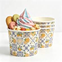 Lemon & Tile Pattern Ice Cream Cups, Mediterranean Floral Design, Disposable Dessert Bowls, Suitable For Cold Drinks, Frozen Yogurt, Ice Cream, Pudding And Snacks, Perfect For Adult Summer Vacation Parties, Wedding Catering, Food Market Vendors And Snack Service - Multicolor - View 6