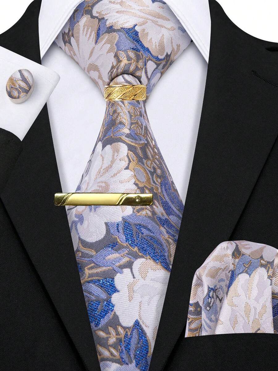 5Pcs Men Haze Blue Floral Jacquard Tie Pocket Square Cufflinks Ring Tie Clip Set, Random Cufflink Pattern, Accessories For Wedding - Dusty Blue - View 1