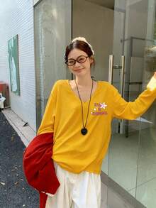 Women's V-Neck Long Sleeve T-Shirt, Loose Casual Fit, Minimalist Star & Letter Print Base Layer Top For Autumn - Yellow - View 1