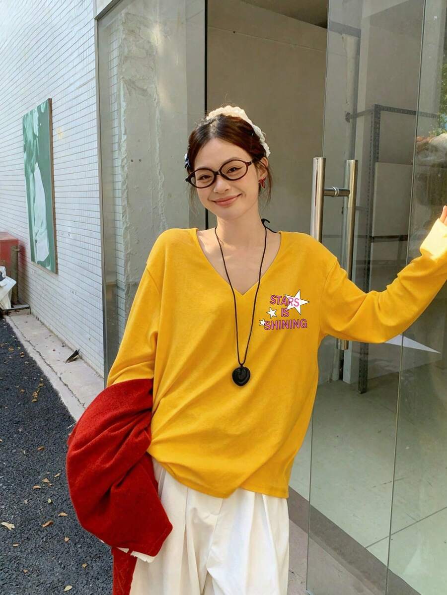 Women's V-Neck Long Sleeve T-Shirt, Loose Casual Fit, Minimalist Star & Letter Print Base Layer Top For Autumn - Yellow - View 1