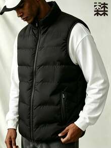 mulinsen Men's Minimalist Stand Collar Vest, Multi-Functional Sleeveless Tank Top With Zipper Pocket Design, Layerable For Winter Daily Wear - Black - View 3