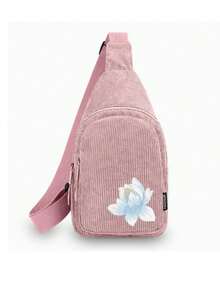 Embroidered Lotus Pattern Crossbody Bag, Unique Printed Corduroy Crossbody Bag, Adjustable Shoulder Strap, Perfect For School, Travel And Leisure - Multicolor - View 13