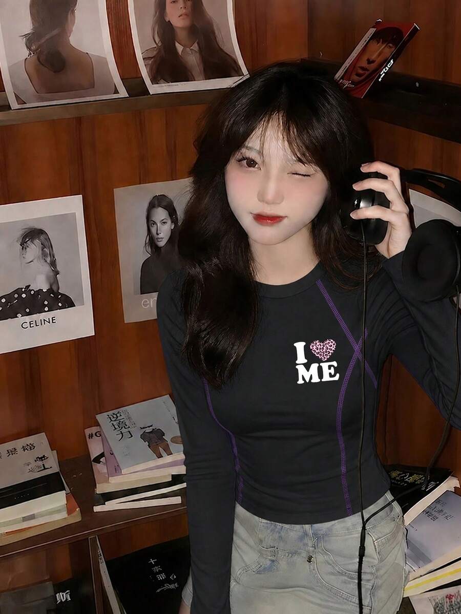 Women's Black Slim Fit Cropped T-Shirt, Heart & Letter Print, Autumn Long Sleeve Base Layer, Y2K Top - Black - View 1
